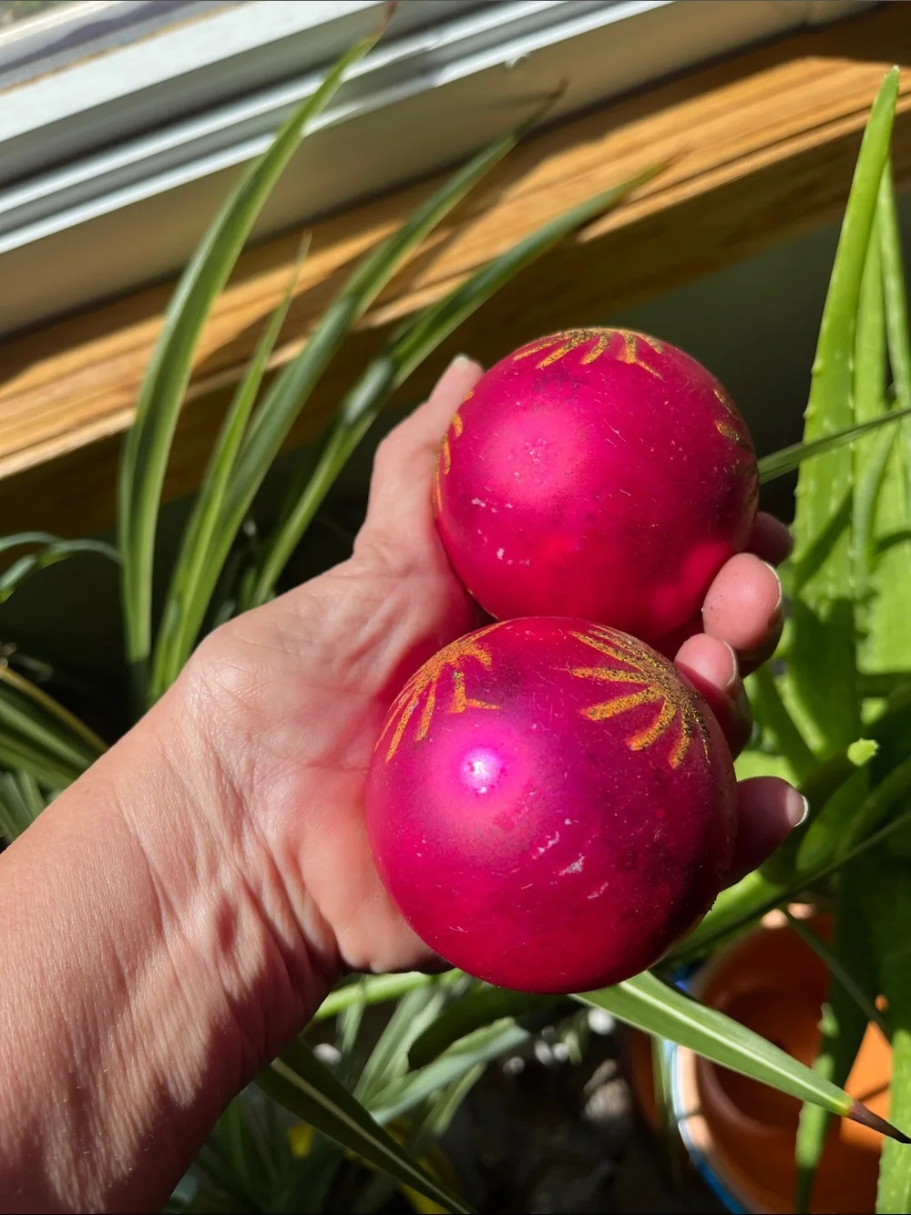 2 Vtg Hot Pink Blown Glass Ornaments Gold Mica Startbursts West Germany *READ*